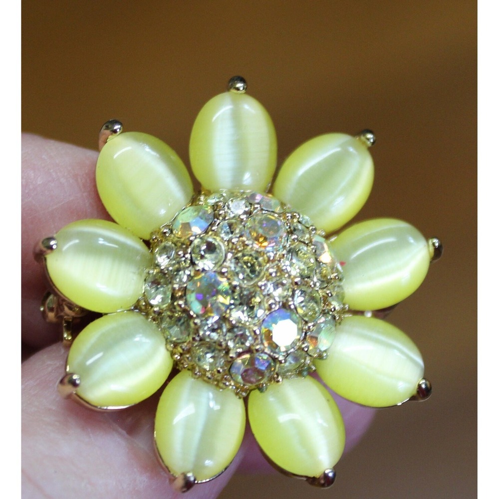 Vintage Monet Flower Brooch, Yellow Cabochons & Aurora Borealis Crystals